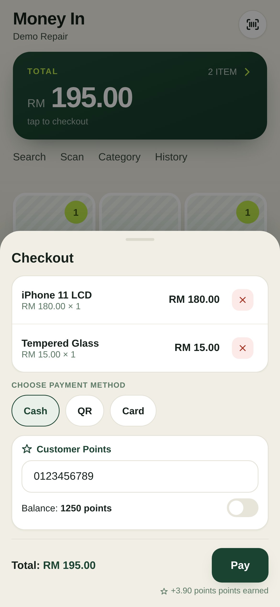 Troli dengan Customer Points: nombor telefon dan baki point pelanggan