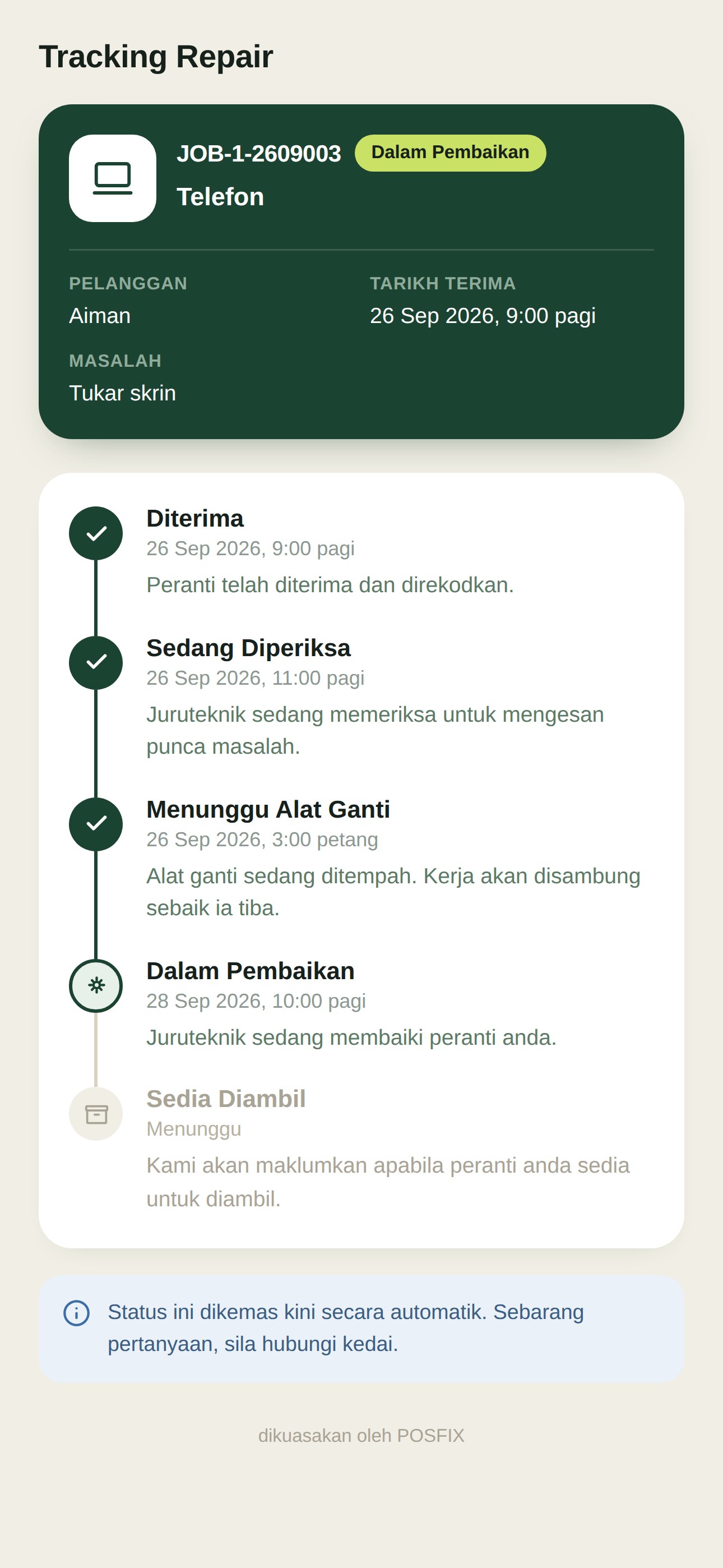 Halaman status repair yang pelanggan buka dari WhatsApp